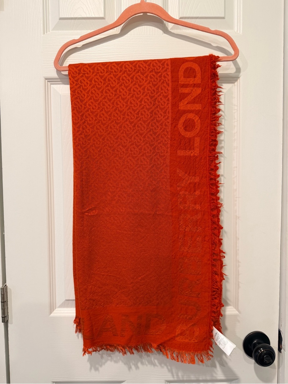 Burberry Orange Monogram Fringe Silk /Wool Scarf